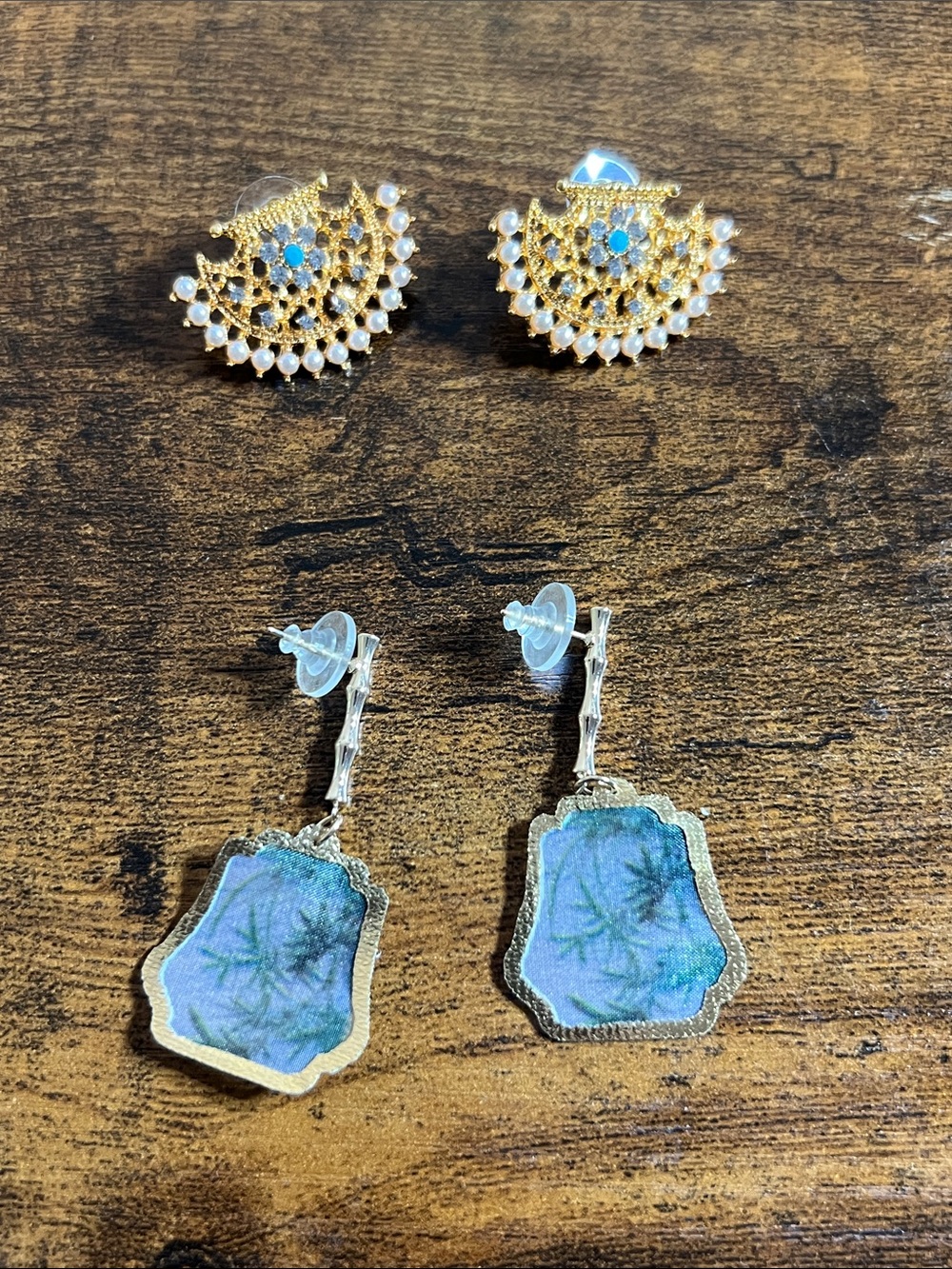 Gold Pearl & Blue Dangle Earrings Set - Women Jewelry